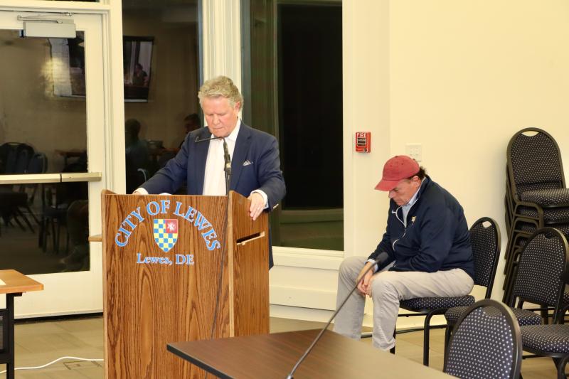 John Paradee, left, attorney for Donovan-Smith LLC and principal owner Ken Burnham, right, are shown at the Feb. 24 Lewes Planning Commission public hearing. The hearing was held to take comment on Burnham’s application to place about 30 new homes in the community. The hearing was put on pause after commissioners determined the application did not have all the required information. BILL SHULL PHOTOS